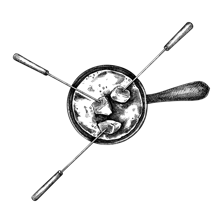 Cheese fondue sketch. Hand-drawn food illustration. Melted cheese in pot vector drawing. French restaurant menu design element. NOT AI generated